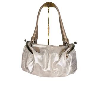 Tano Silver Metallic Side Pocket Zippered Tote Handbag